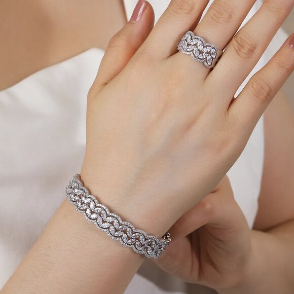 Rhodium or Gold-plated lab-created Marquise Diamond Band Ring - Picture 4 of 5